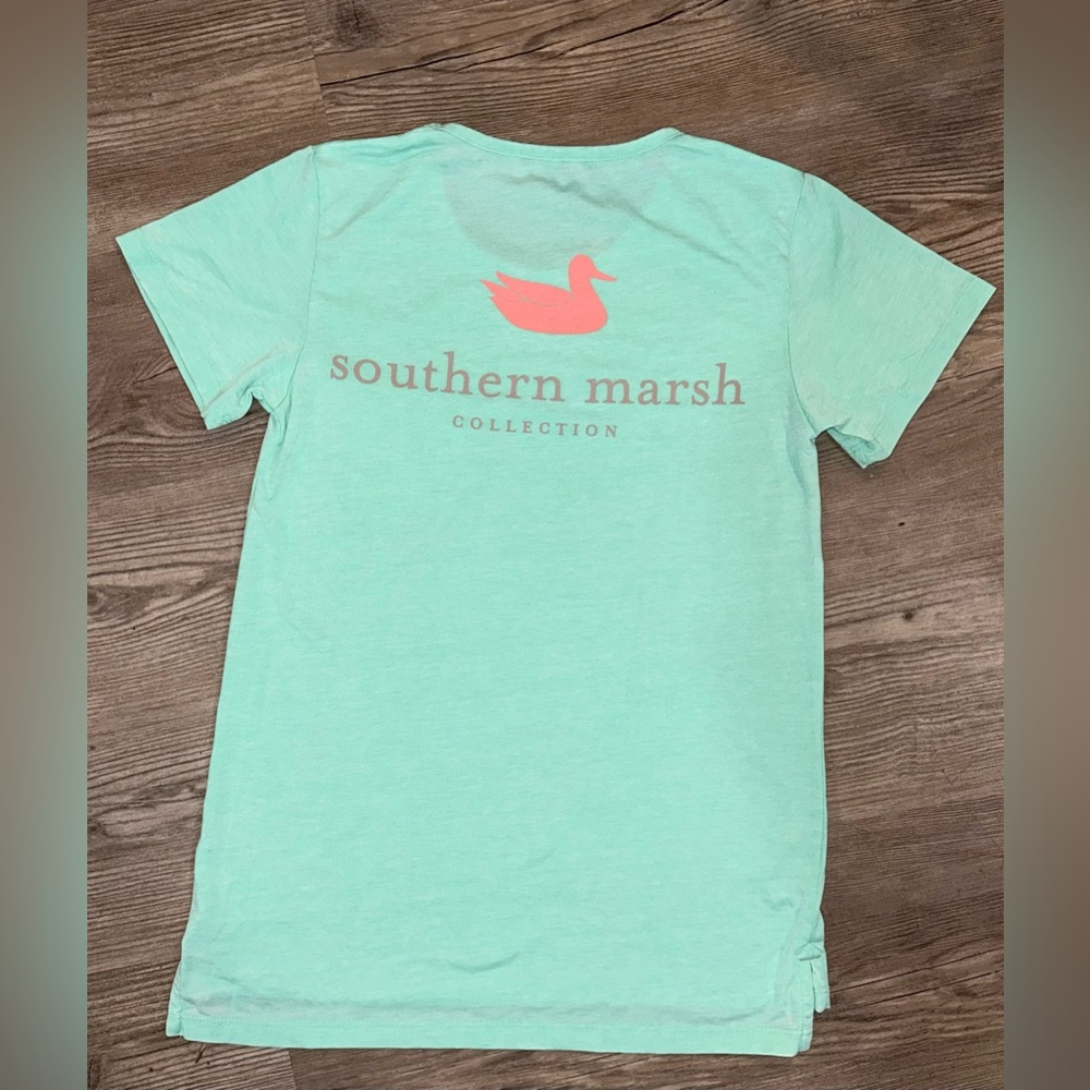 Southern Marsh Womens Aqua T-Shirt with Coral Logo